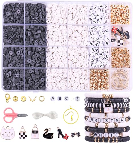 Wuollgess 3500 PCS Black White Clay Beads Kit for Bracelets Making, Polymer Heishi Beads for Jewelry Making, Friendship Bracelet Kit for Adults, Letter Beads for Necklace Earring DIY - color: Black& White