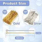 TOAOB 200pcs Eye Pins 2 Inch Brass Findings Gold Silver Open Head Pins for DIY Crafts Necklaces Bracelets Earrings Jewelry Making - size: 50mm