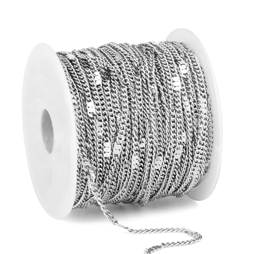 66FT Curb Chains Bulk 2mm Stainless Steel Flat Satellite Curb Link Chains Roll for Jewelry Making - color: Silver long embossed