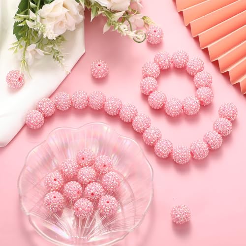 40 Pcs 20 mm Rhinestone Beads Bulk Crystal Round Disco Ball Chunky Bubblegum Beads for Pens Bracelets Charms Craft European Style Jewelry Making Supplies Christmas(Pink) - color: Pink