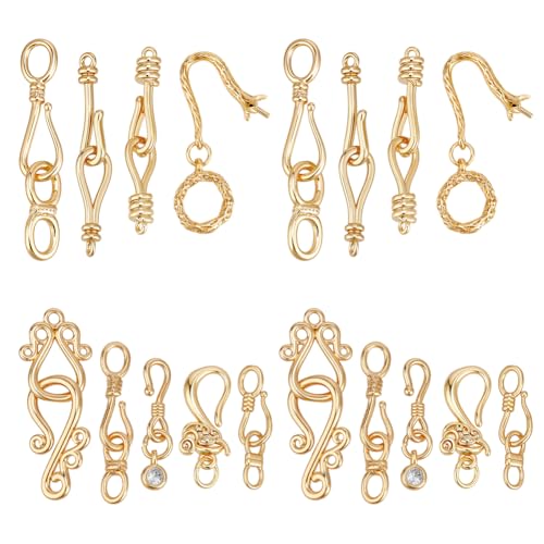 PH PandaHall 18K Gold Plated Brass Hook Clasps S Hook Ring Toggle Clasps 18pcs 9 Styles Toggle Jewelry Clasp End Clasp Connectors Jewelry Closure for Bracelets Necklaces Christmas DIY Crafts Gifts