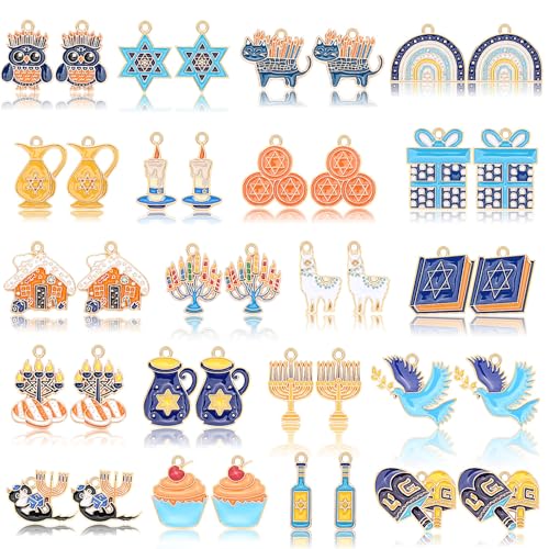 MARFOREVER 40 Pcs/20 Pairs Hanukkah Charms for Jewelry Making, Chanukah Blue White Enamel Charm Star of David Bangle Pendants for Bracelet Necklace Earrings Making Hanukkah Gift Decoration Accessories - style: Hanukkah