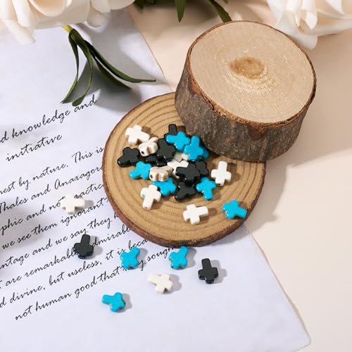 60 Pcs Turquoise Cross Beads Turquoise Stone Beads Small Cross Bead Charms Turquoise White Black Cross Crucifix Spacer Beads for Easter Holiday Bracelet Necklace Jewelry Making - color: Black/White/Blue
