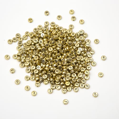 1000pcs Acrylic Number Beads 0-9 Round Number Beads 4x7mm Mixed Number Beads for Jewelry Making and DIY Bracelets, Necklaces, Key Chains (Gold) - color: Gold