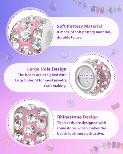 120PCS FIVEIZERO Rhinestone Large Hole Beads for Jewelry Making, 20 Colors Rhinestone European Bead Bulk Spacer Beads for Beadable Pens, DIY Crafts