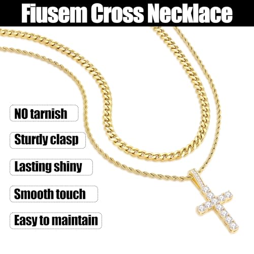 Fiusem Layered Cross Necklace for Men, Silver Tone/14K Gold Plated Mens Necklace Chain with Cubic Zirconia Cross Pendant, Stainless Steel Cuban and Rope Chain - color: Gold, size: 20/22 inches