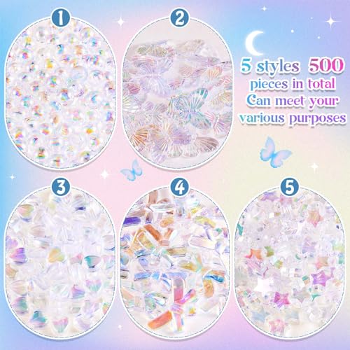 Juexica 500 Pcs ABS Imitation Pearl Beads Star Heart Bowknot Circle Flower White Aesthetic Beads for Jewelry Making Bracelets Necklaces Earrings Key Chains Accessories DIY Crafts(Bright Style) - color: Bright Style