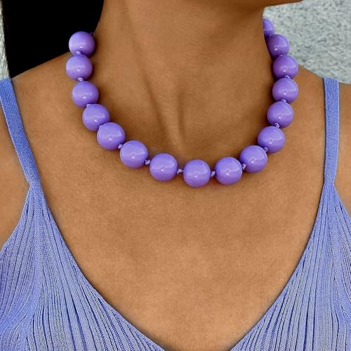 Caiyao Bohemian Colorful Acrylic Round Beaded Choker Necklaces Handmade Adjustable Resin Beads Clavicle Rope Necklace for Women Men Ethnic Costume Party Vacation Jewelry Gifts - color: Purple