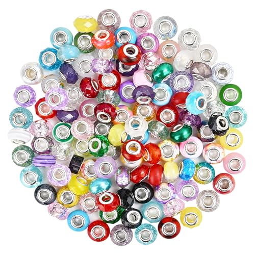 120pcs European Large Hole Beads, Assortments Charm Lampwork Murano Spacer Craft Beads for DIY Charms Bracelet Necklace Earring Jewelry Making Supplies(7 Colors) - color: 7 Colors