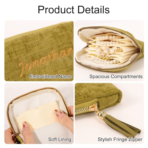 Mothers Day Gifts Personalized Travel Jewelry Case with Embroidered Name,Custom Small Jewelry Pouch Velvet Jewelry Organizer Storage Bag for Bracelet Rings Earring - color: Green