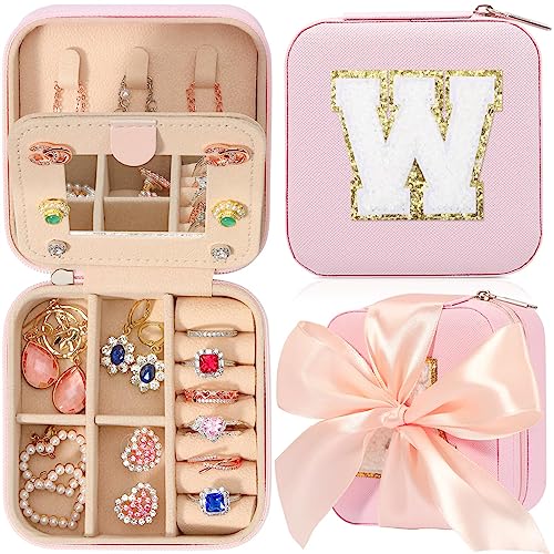 CHMI Travel Jewelry Case, Pink Travel Jewelry Box, Travel Jewelry Organizer, Travel Gifts for Women Girls, Jewelry Organizer Box, Birthday Gifts for Women, Christmas Gifts for Teens Girls - Initial W - color: Pink, size: W