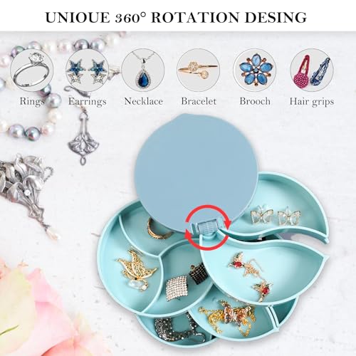Rotating Jewelry Organizer Box with Mirror – Large Capacity Multi-Layer Storage, 360° Rotation, Protective Cover, Compact with Non-Slip Base (White) - color: White