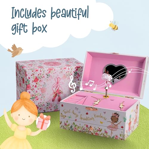 The Memory Building Co Black Ballerina Musical Jewelry Box Plays Classic Melody, Storage Organizer Music Box for Kids Ages 6-12 MDF Wood w/ 2 Fabric Lined Ring Bracelet Necklace Treasure Compartments - style: Ballerina_Black
