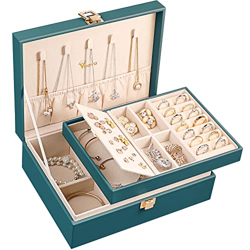 Voova Jewelry Box Organizer for Women Girls, 2 Layer Large Men Jewelry Storage Case, PU Leather Display Jewellery Holder with Removable Tray for Necklace Earrings Rings Bracelets, Indigo - color: Indigo