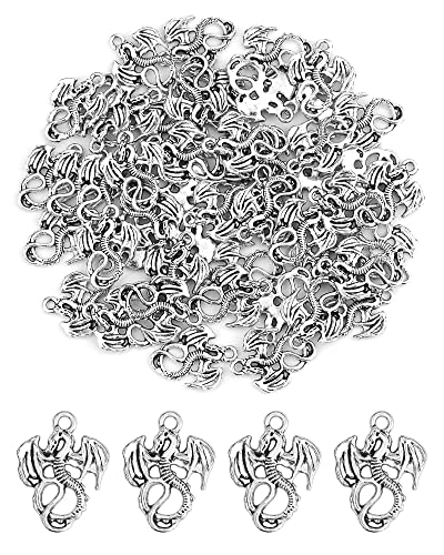 JIALEEY 50PCS Dragon Charm Flying Courage Pendant for DIY Jewelry Making Necklace Bracelet Accessaries, Antique Silver 21x16mm