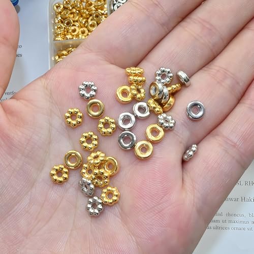 Looconi 1500pcs 6mm Silver and Gold Flat Round Spacer Beads for Jewelry Making DIY Bracelet Necklace Earring Craft Supplies - color: Ring&Flower