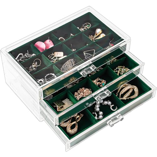 ProCase Earring Holder Organizer Jewelry Box with 3 Drawers, Acrylic Clear Earring Case with Adjustable Velvet Trays for Women - Emerald, 3 Layers - color: Emerald, size: 3 Layers, Standard, Regular