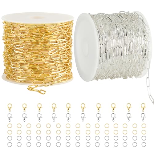 Kyutong 2 Rolls Paperclip Chain for Jewelry Making 32.8 Feet Jewelry Chain Links Silver and Gold Chains Bulk with Lobster Clasps and Jump Rings for DIY Craft Finding Jewelry Making Supplies - color: 2.8×7.6 Paperclip Chain