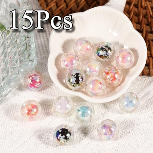 15Pcs Acrylic Beads Round 16mm UV Bead in Bead with Snowflake Print Fit for DIY Jewelry Bracelet Necklace Keychain Beadable Pens Mobile Phone Chain Making Cute (Snowflake-Mixed Color) - color: Snowflake-Mixed color
