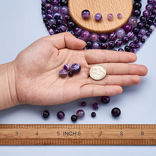 Craftdady 4 Strand Natural Round Stone Beads 6-12mm Purple Striped Banded Agate Loose Beads Energy Healing Gemstone Beads for DIY Bracelets Necklaces Earrings Jewelry Crafts, Total About 177pcs - color: Purple Striped Agate
