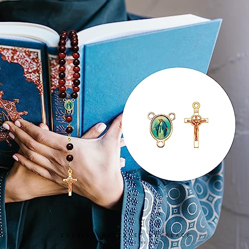 60Pcs/30Sets Rosary Making Kits Supplies Alloy Religion Cross and Center Medal Charms Pendant Oval Chandelier Links for Diy Prayer Necklace Jewelry - color: Gold