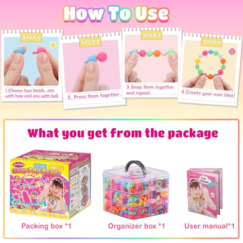 Funtopia Pop Beads, 700+ Pcs Arts and Crafts for Kids 4-6, Snap Beads DIY Bracelet Necklace Ring Anklet Set, Birthday Party Creativity Toys for Girls Toddlers Ages 3 4 5 6 (X-Large) - size: Large