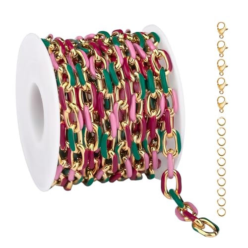 UMAOKANG 2 Meters Colorful Enamel Chain for Jewelry Making Gold Plated Stainless Steel Paperclip Jewelry Chain Roll with Jewelry Findings - color: Pink Green Mixed
