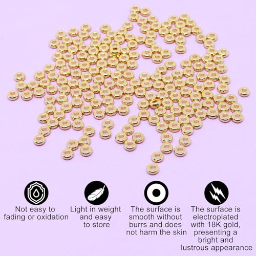 200Pcs 4mm Gold Flat Spacer Beads 18K Gold Plated Loose Beads for Jewelry Making DIY Bracelet Necklace Earring - size: 4mm