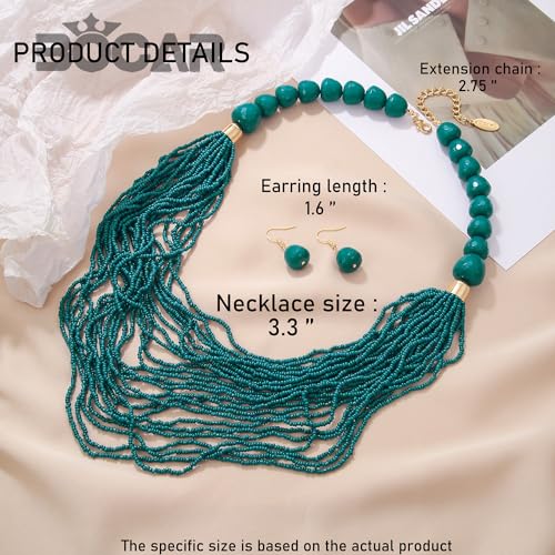 Bocar Necklace for Women, Multi Layer Statement Necklace, Long Chain Chunky Bib Seed Beads Necklace, Necklace Earring Set for Women Gift (NK-10693) - color: Teal-set