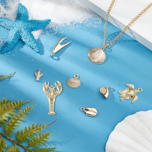 SUNNYCLUE 1 Box 54g Real 14K Gold Plated Charms Bulk Gold Summer Ocean Charm 16Pcs Sea Theme Marine Life Charms Starfish Shell Charm Pendant for DIY Christmas Earring Bracelet Jewelry Making Supplies - color: 14K Gold Plated Charms