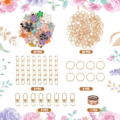 HOMAR 105Pcs DIY Keychain Making Kit Bag Charm Jewelry Chain Making 30 Flower Charms 8 Keychain Clips with Key Ring 8 Extender Chains 50 Jump Ring for DIY Craft Gifts - color: Flower-105PCS
