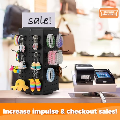 Rotating Pegboard Display Stand With 24 Hooks - Metal Spinning Peg Board Displays, Stands for Retail, Vendors, Selling & Shows - 4-Sided Craft Rack Organizer for Products, Accessories, Jewelry