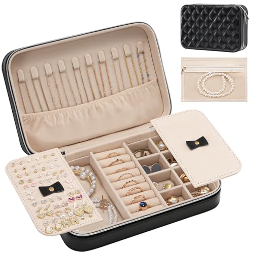 Lolalet Travel Jewelry Case for Women Girls, Travel Jewelry Organizer Box with Mirror & Clear Storage Bag, Small Portable Earring Necklace Bracelet Ring Case, Birthday Valentine Gifts -Medium, Black - color: Black, size: Medium (8.46"W*5.71"D*2.17"H)