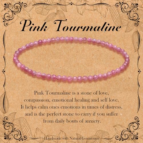 BONNY BOXX Natural Genuine Gemstone Faceted Round Beads Bracelets, 3mm Adjustable Stretchy Tiny Faceted Black Tourmaline Bracelet, Healing Crystal Reiki Chakra Dainty Jewelry Fashion Gifts - color: Pink Tourmaline