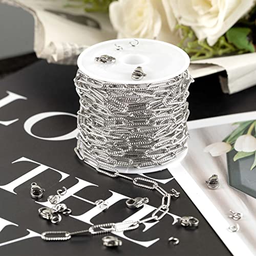 16.4 Feet Silver Stainless Steel Chain Bulk Embossed Paperclip Chain for Jewelry Making Soldered Oval Necklace Chain Roll with Lobster Clasps and Jump Rings Jewelry Supplies DIY Craft - color: Embossed Paperclip Silver