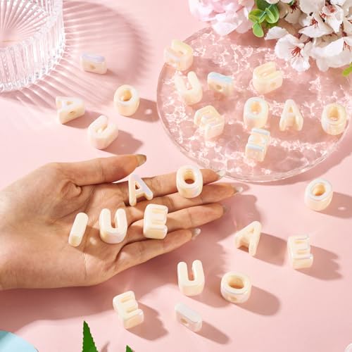 FASHEWELRY 50Pcs 20mm Big Vowel Letter Beads Beige Large Hole Acrylic Alphabet Beads for Bracelets Making, UV Plating Iridescent 3D Slider Initials Bead for Keychains Making - color: Beige