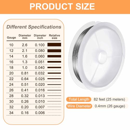 HARFINGTON Craft Wire 82ft Length 26 Gauge Stainless Steel Craft Jewelry Wrapping Wire Tarnish Resistant Beading for Jewelry Making Supplies Crafting, Silver - size: 26 Gauge x 82ft
