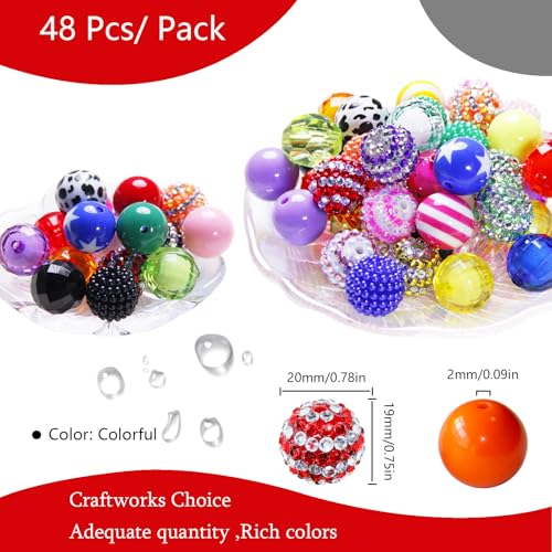 Exway 100 Pcs 20mm Beads for Pens Rhinestone Bubblegum Beads Mixed Crystal Acrylic Round Chunky Bead Sparkly Craft Large Balls Bead for Pen Beadable Keychain Bracelet DIY Jewelry Making Supplies - color: Colourful