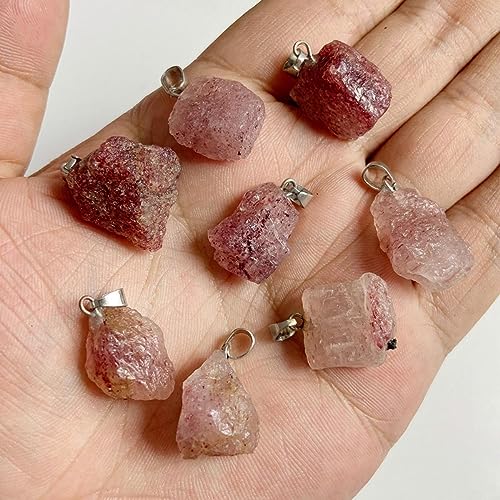 10pcs Irregular Raw Natural Strawberry Rock Stone Pendant Healing Crystal Chakra Gemstone Charm for Jewelry Making DIY Necklace Earrings Accessories Reiki - color: Strawberry