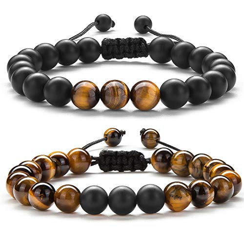Hamoery Men Women 8mm Tiger Eye Stone Beads Bracelet Elastic Natural Stone Yoga Bracelet Bangle - color: 2 Pcs Set 1-21018
