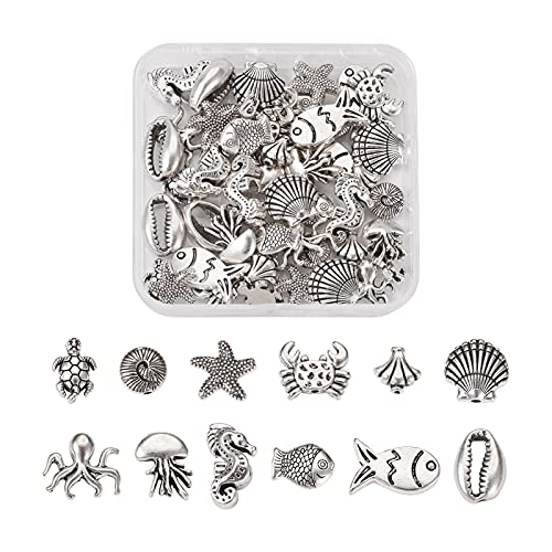 Fashewelry 60pcs Ocean Animal Tibetan Loose Spacer Beads Turtle Shell Fish Antique Silver Sea Life Creatures Alloy Western Beads for Necklace Bracelet Earring Craft Jewelry Making Supplies - color: Antique Silver, 12 Styles