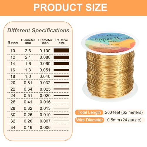 HARFINGTON Wire 203ft Length 24 Gauge Copper Craft Jewelry Wrapping Wire Tarnish Resistant Beading for Jewelry Making Supplies Crafting, Bright Gold - color: Bright Gold