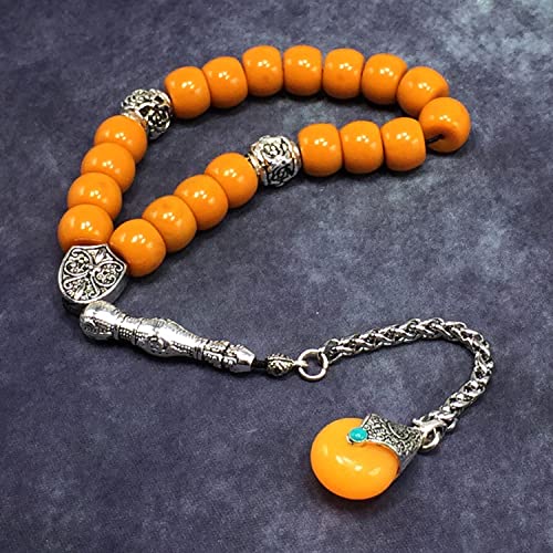 Simple Designed Natural Stone Worry Beads - Prayer Beads Tesbih-Tasbih-Tasbeeh-Misbaha-Subha-Sebha-Sibha-Rosary (Dark Orange Resin Drum -13X9 mm- 19 Big Beads) - color: Dark Orange Resin Drum -13X9 mm- 19 Big Beads