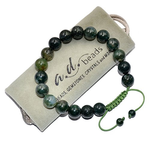 AD Beads Natural 10mm Gemstone Bracelets Healing Power Crystal Macrame Adjustable 7-9 Inch - color: Moss Agate