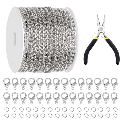 Glarks 102Pcs 30 Feet Jewelry Chains Set White Cable Link Chains Link Rolls Bulk Twisted Links Chain Necklace Jewelry Making Chains with Lobster Clasps and Jump Rings for Necklace Jewelry Making - color: White