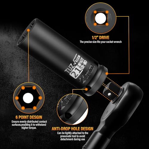 5 Pieces 1/2 inch Drive Deep Impact Socket Set, Metric,15mm 17mm 19mm 21mm 22mm,Cr-Mo,6-Point,Spindle Axle Nut Impact Socket - size: 1/2" Deep 5pc
