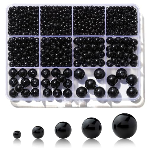 1200Pcs Black Beads, Acrylic Pony Beads, 4/6/8/10/12mm Round Smooth Bead for Bracelets, Spacer Pearl Craft Beades for Bracelet Necklace Jewelry Making (Black) - color: black