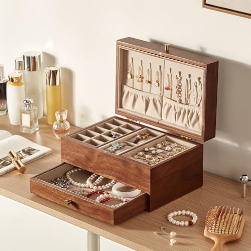 CHOSIN Black Walnut Wooden Jewelry Box for Women, 3 Level Multi-functional Drawer Organizer Box Watch Necklace Ring Earring Storage Mothers Day Gifts for Mom - style: With Mirror1