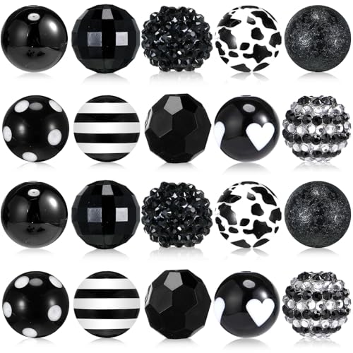 Ferreve 20 Pcs Chunky Bubblegum Beads 20mm Focal Pen Large Rhinestone Pearl Beads for DIY Beadable Pen School Jewelry Making Keychain Craft Making(Black) - color: Black