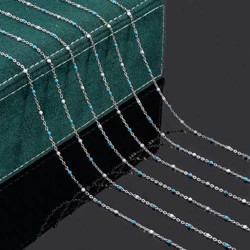 UMAOKANG 33 Feet Stainless Steel Chains for Jewelry Making Light Bule White Enamel Bead Necklace Bracelet DIY Chain Roll - color: Light Blue White-Silver